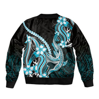 Blue Black Aloha Hawaii Bomber Jacket Polynesian Shark Tattoo Plumeria