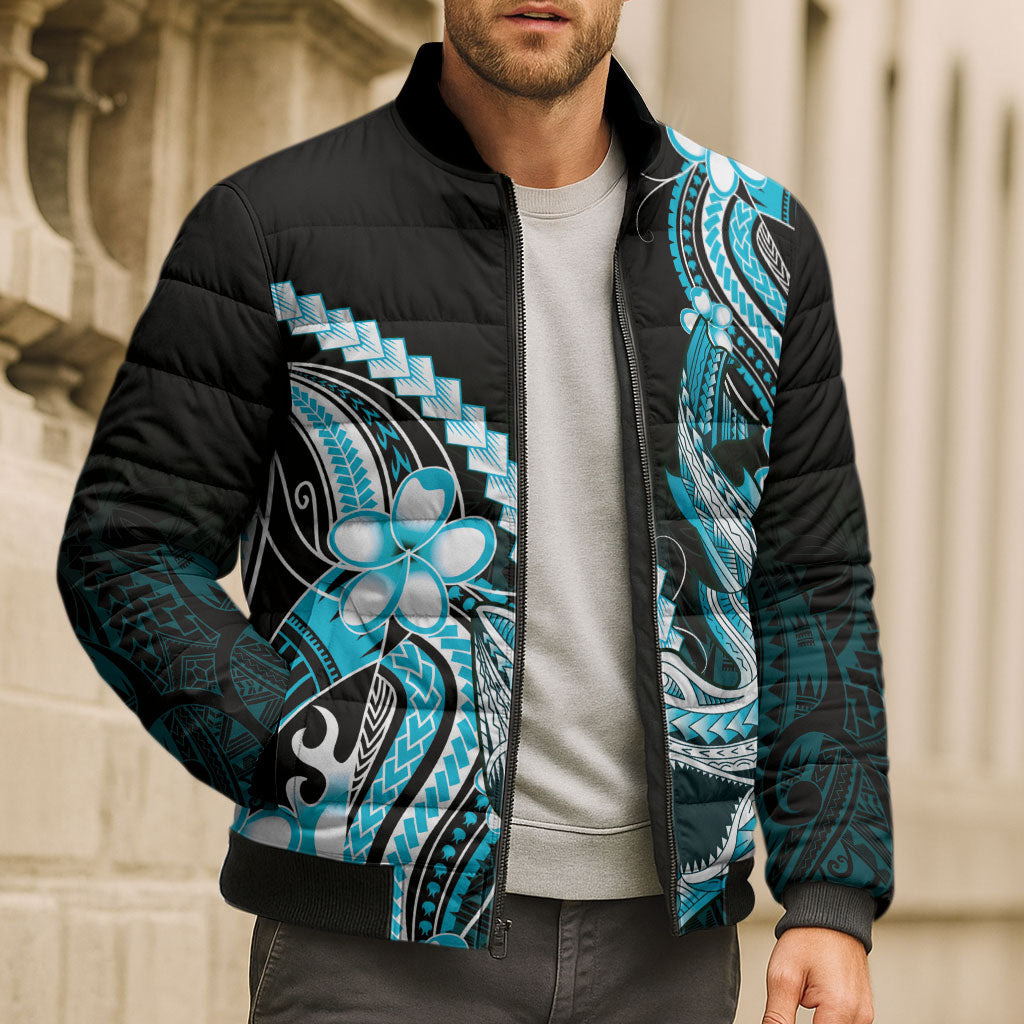Blue Black Aloha Hawaii Bomber Puffer Jacket Polynesian Shark Tattoo Plumeria