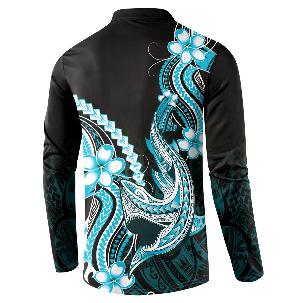 Blue Black Aloha Hawaii Button Sweatshirt Polynesian Shark Tattoo Plumeria
