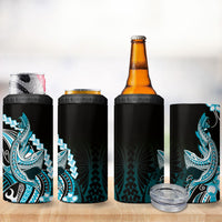Blue Black Aloha Hawaii 4 in 1 Can Cooler Tumbler Polynesian Shark Tattoo Plumeria