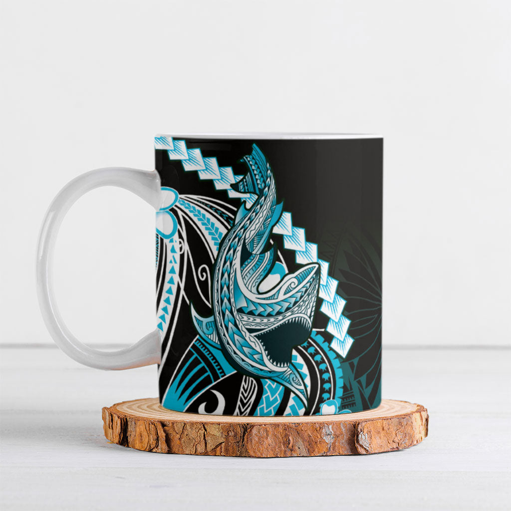Blue Black Aloha Hawaii Ceramic Mug Polynesian Shark Tattoo Plumeria