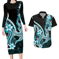 Blue Black Aloha Hawaii Couples Matching Long Sleeve Bodycon Dress and Hawaiian Shirt Polynesian Shark Tattoo Plumeria