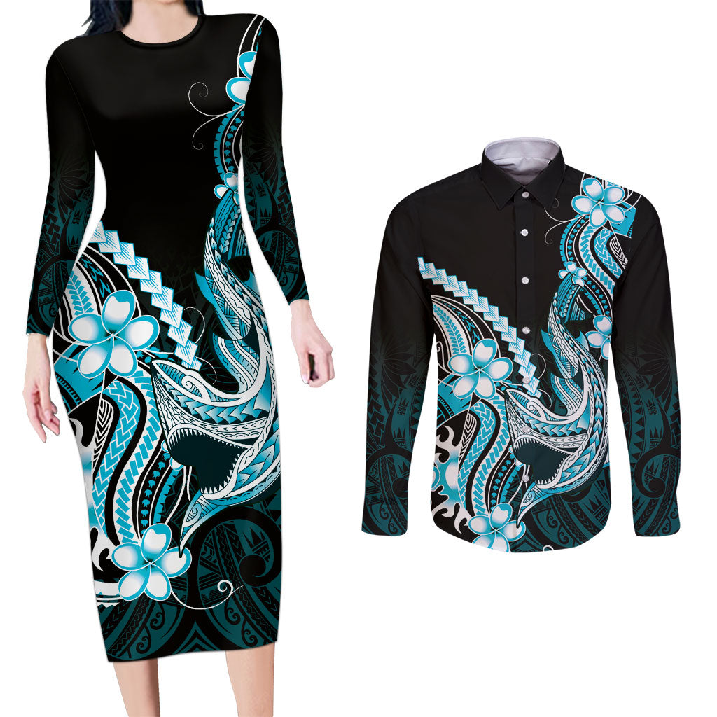 Blue Black Aloha Hawaii Couples Matching Long Sleeve Bodycon Dress and Long Sleeve Button Shirt Polynesian Shark Tattoo Plumeria