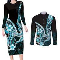 Blue Black Aloha Hawaii Couples Matching Long Sleeve Bodycon Dress and Long Sleeve Button Shirt Polynesian Shark Tattoo Plumeria