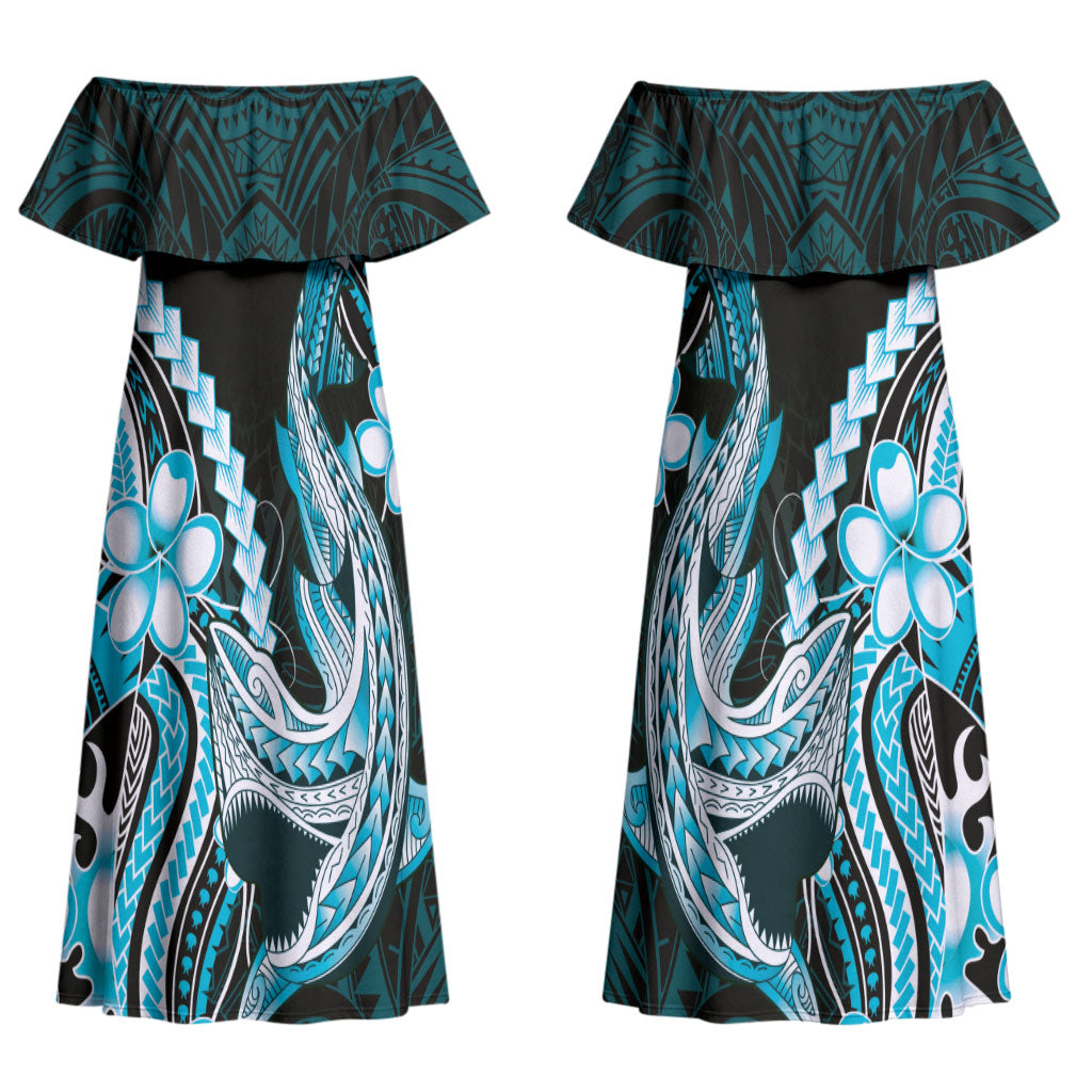 Blue Black Aloha Hawaii Couples Matching Off Shoulder Maxi Dress and Long Sleeve Button Shirt Polynesian Shark Tattoo Plumeria LT14 - Polynesian Pride