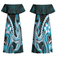 Blue Black Aloha Hawaii Couples Matching Off Shoulder Maxi Dress and Long Sleeve Button Shirt Polynesian Shark Tattoo Plumeria LT14 - Polynesian Pride
