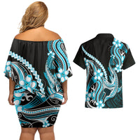 Blue Black Aloha Hawaii Couples Matching Off Shoulder Short Dress and Hawaiian Shirt Polynesian Shark Tattoo Plumeria