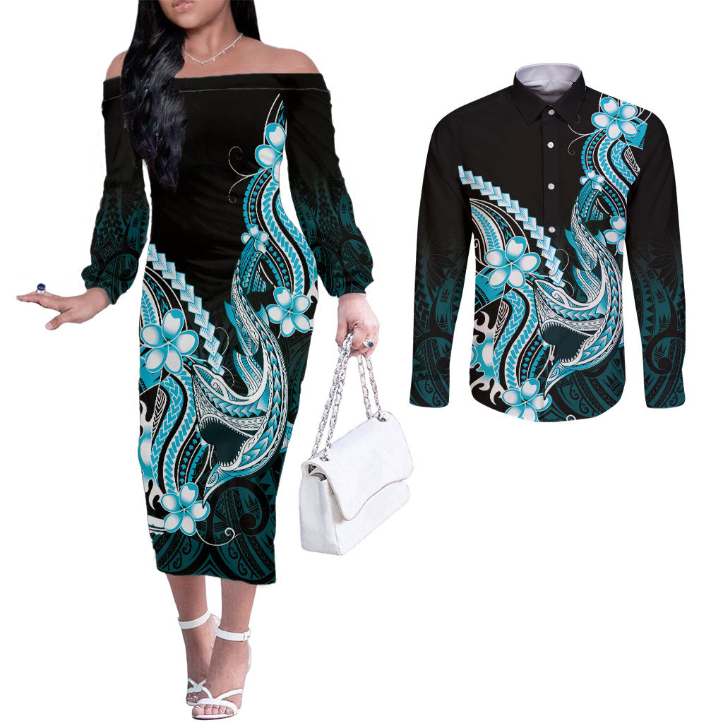 Blue Black Aloha Hawaii Couples Matching Off The Shoulder Long Sleeve Dress and Long Sleeve Button Shirt Polynesian Shark Tattoo Plumeria