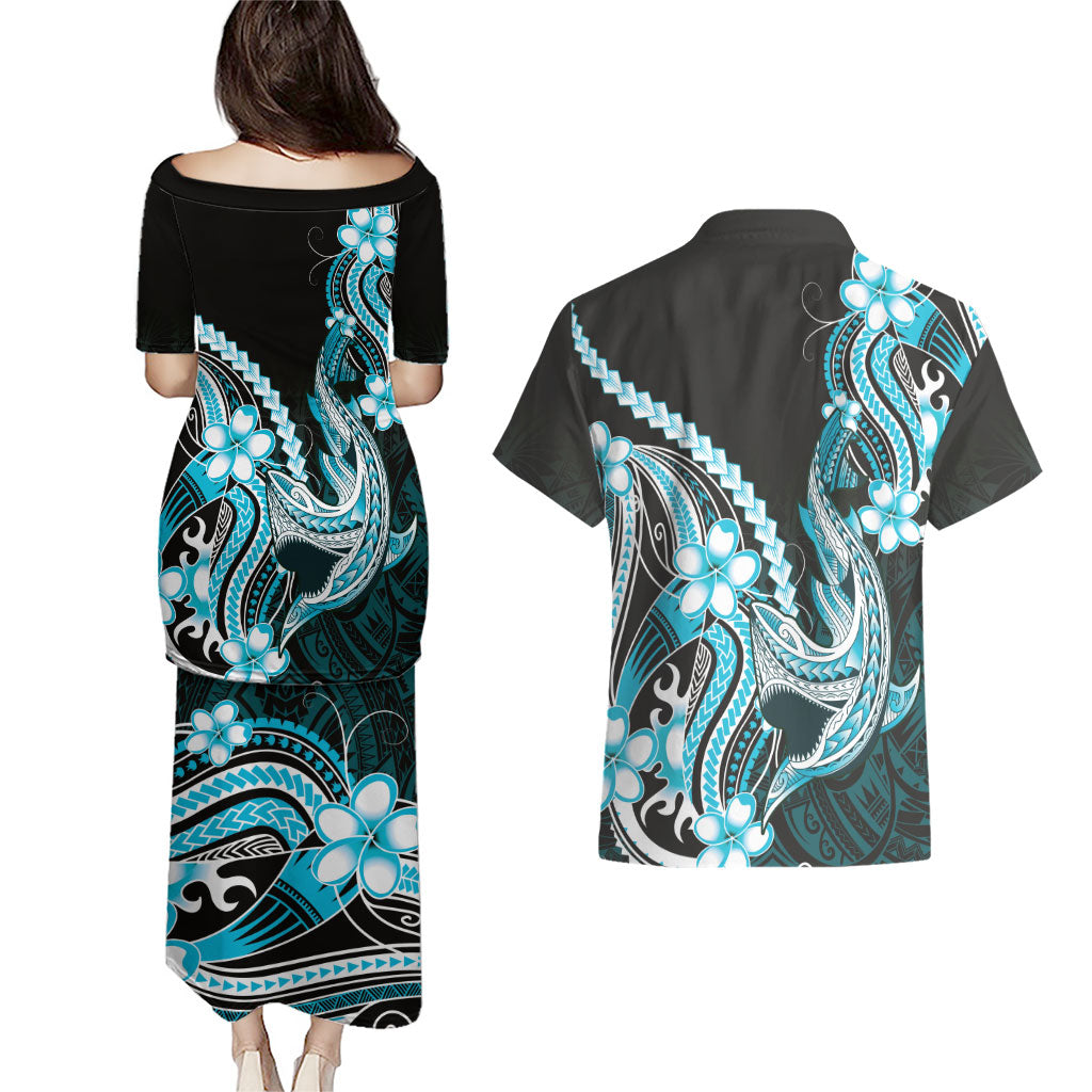 Blue Black Aloha Hawaii Couples Matching Puletasi and Hawaiian Shirt Polynesian Shark Tattoo Plumeria