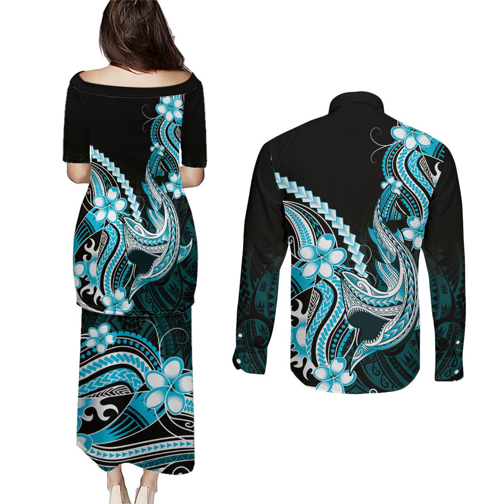 Blue Black Aloha Hawaii Couples Matching Puletasi and Long Sleeve Button Shirt Polynesian Shark Tattoo Plumeria