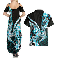 Blue Black Aloha Hawaii Couples Matching Summer Maxi Dress and Hawaiian Shirt Polynesian Shark Tattoo Plumeria