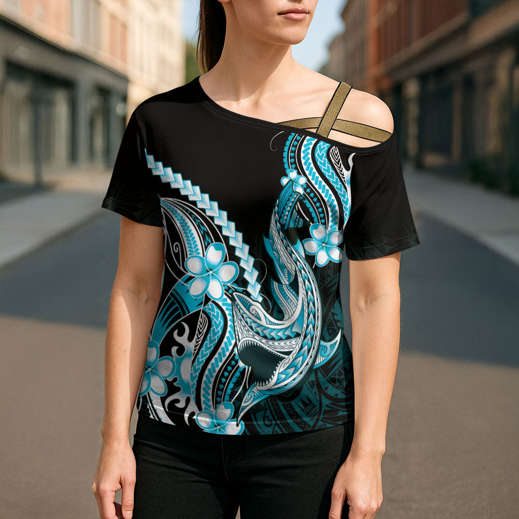 Blue Black Aloha Hawaii Cross Shoulder Shirt Polynesian Shark Tattoo Plumeria