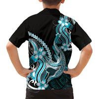 Blue Black Aloha Hawaii Family Matching Long Sleeve Bodycon Dress and Hawaiian Shirt Polynesian Shark Tattoo Plumeria