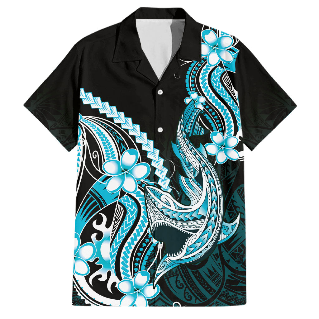 Blue Black Aloha Hawaii Family Matching Long Sleeve Bodycon Dress and Hawaiian Shirt Polynesian Shark Tattoo Plumeria
