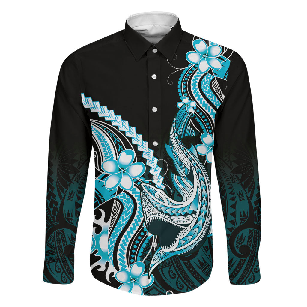Blue Black Aloha Hawaii Family Matching Long Sleeve Bodycon Dress and Hawaiian Shirt Polynesian Shark Tattoo Plumeria