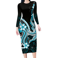 Blue Black Aloha Hawaii Family Matching Long Sleeve Bodycon Dress and Hawaiian Shirt Polynesian Shark Tattoo Plumeria