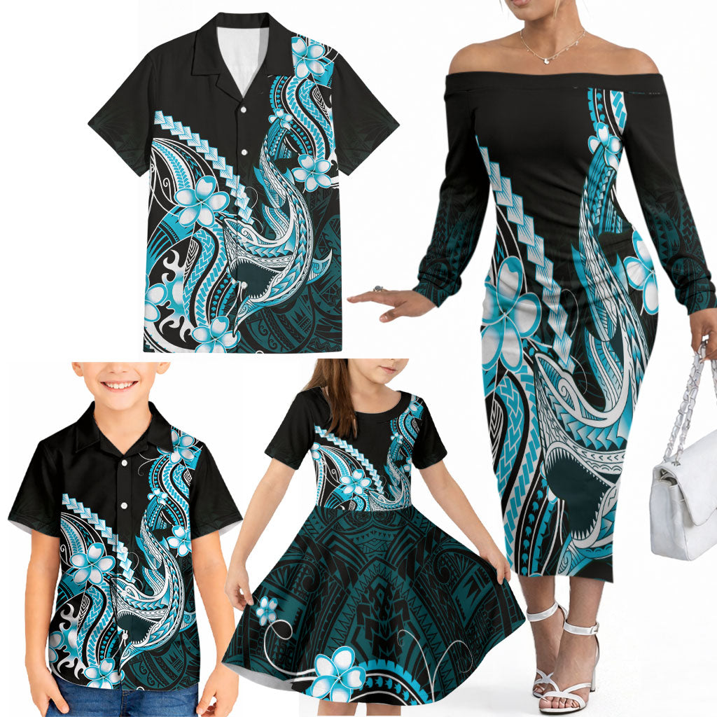 Blue Black Aloha Hawaii Family Matching Off The Shoulder Long Sleeve Dress and Hawaiian Shirt Polynesian Shark Tattoo Plumeria LT14 - Polynesian Pride