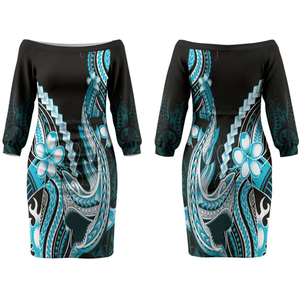 Blue Black Aloha Hawaii Family Matching Off The Shoulder Long Sleeve Dress and Hawaiian Shirt Polynesian Shark Tattoo Plumeria LT14 - Polynesian Pride