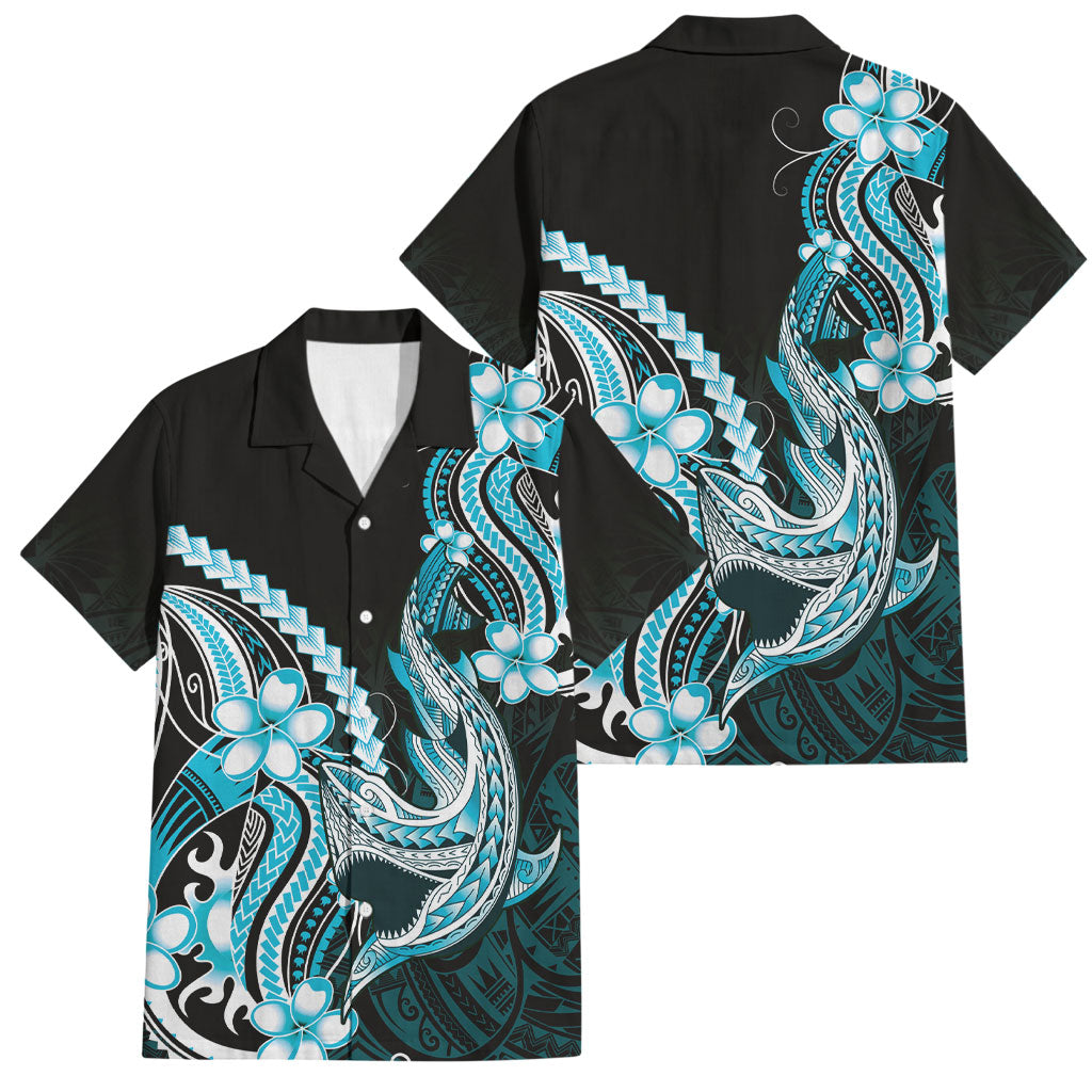 Blue Black Aloha Hawaii Family Matching Off The Shoulder Long Sleeve Dress and Hawaiian Shirt Polynesian Shark Tattoo Plumeria LT14 Dad's Shirt - Short Sleeve Blue - Polynesian Pride