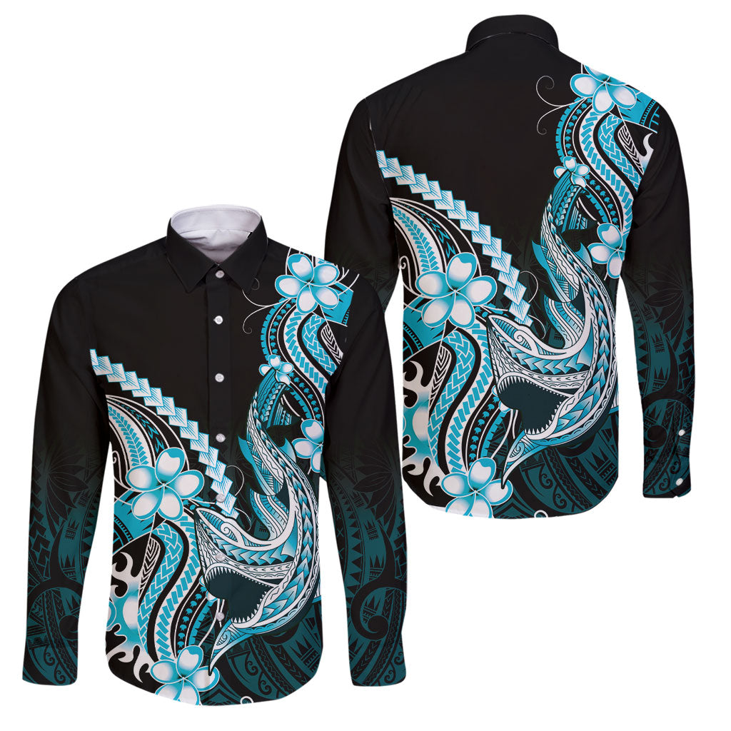 Blue Black Aloha Hawaii Family Matching Off The Shoulder Long Sleeve Dress and Hawaiian Shirt Polynesian Shark Tattoo Plumeria LT14 - Polynesian Pride