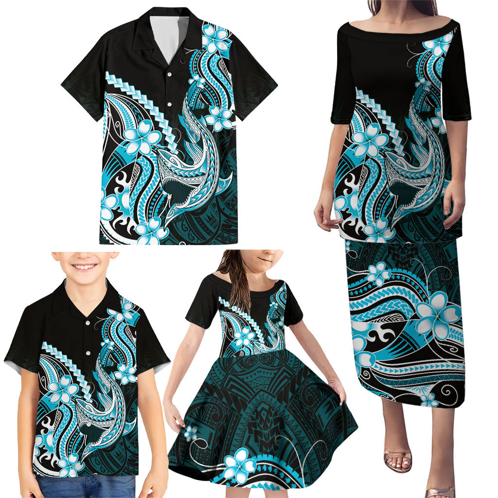 Blue Black Aloha Hawaii Family Matching Puletasi and Hawaiian Shirt Polynesian Shark Tattoo Plumeria LT14 - Polynesian Pride