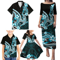Blue Black Aloha Hawaii Family Matching Puletasi and Hawaiian Shirt Polynesian Shark Tattoo Plumeria
