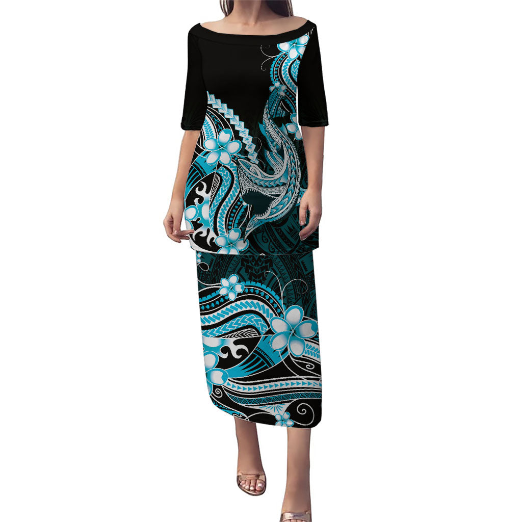 Blue Black Aloha Hawaii Family Matching Puletasi and Hawaiian Shirt Polynesian Shark Tattoo Plumeria