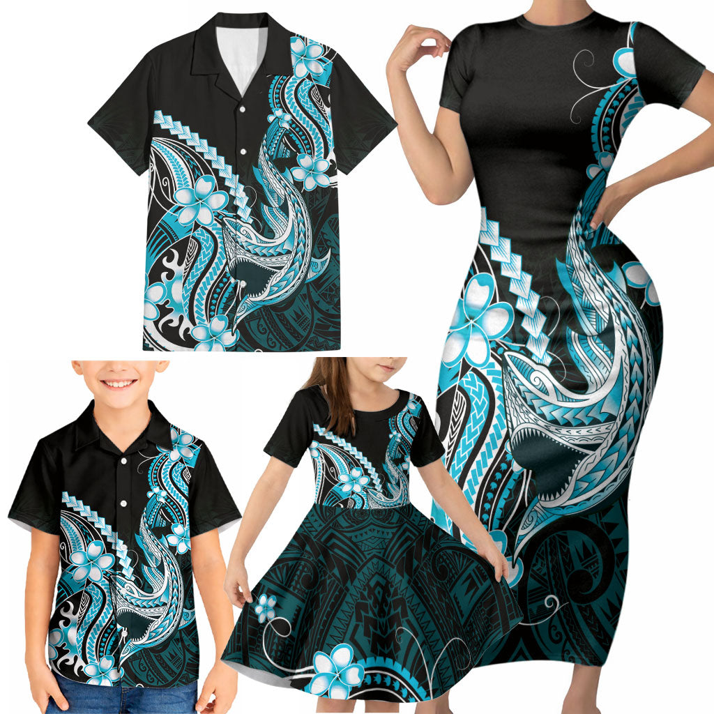 Blue Black Aloha Hawaii Family Matching Short Sleeve Bodycon Dress and Hawaiian Shirt Polynesian Shark Tattoo Plumeria LT14 - Polynesian Pride