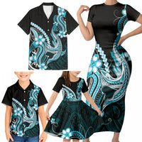 Blue Black Aloha Hawaii Family Matching Short Sleeve Bodycon Dress and Hawaiian Shirt Polynesian Shark Tattoo Plumeria LT14 - Polynesian Pride