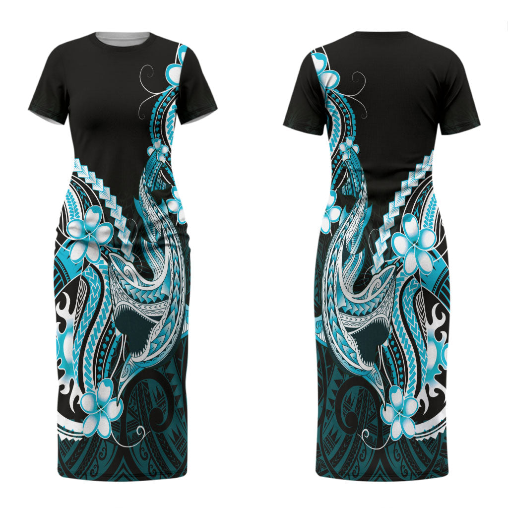 Blue Black Aloha Hawaii Family Matching Short Sleeve Bodycon Dress and Hawaiian Shirt Polynesian Shark Tattoo Plumeria LT14 Mom's Dress Blue - Polynesian Pride