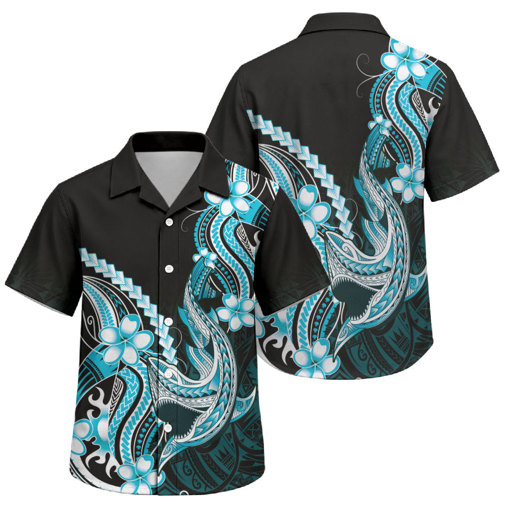 Blue Black Aloha Hawaii Family Matching Short Sleeve Bodycon Dress and Hawaiian Shirt Polynesian Shark Tattoo Plumeria LT14 Son's Shirt Blue - Polynesian Pride