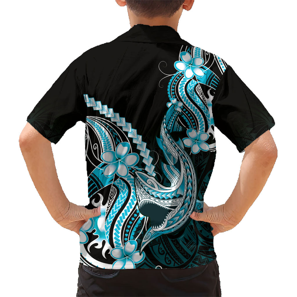 Blue Black Aloha Hawaii Family Matching Summer Maxi Dress and Hawaiian Shirt Polynesian Shark Tattoo Plumeria