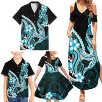Blue Black Aloha Hawaii Family Matching Summer Maxi Dress and Hawaiian Shirt Polynesian Shark Tattoo Plumeria