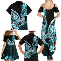 Blue Black Aloha Hawaii Family Matching Summer Maxi Dress and Hawaiian Shirt Polynesian Shark Tattoo Plumeria