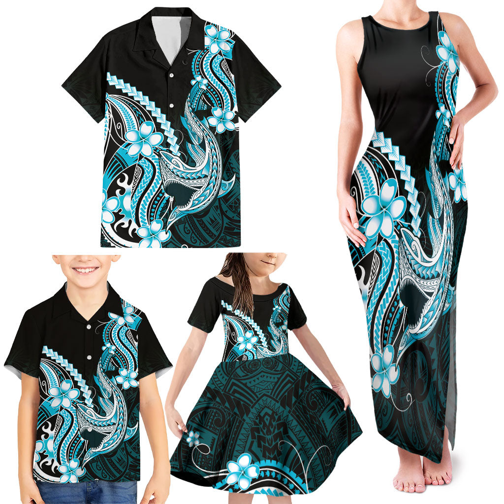 Blue Black Aloha Hawaii Family Matching Tank Maxi Dress and Hawaiian Shirt Polynesian Shark Tattoo Plumeria