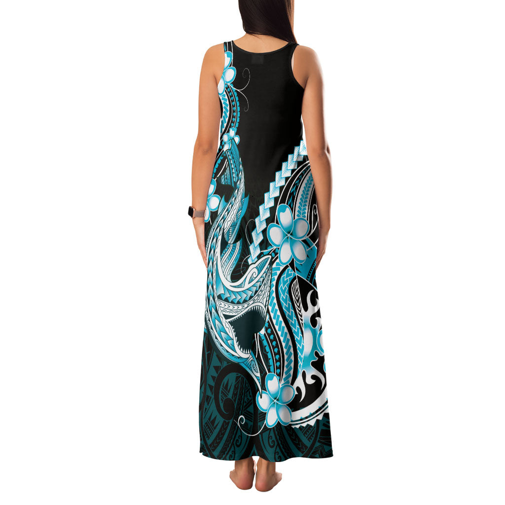 Blue Black Aloha Hawaii Family Matching Tank Maxi Dress and Hawaiian Shirt Polynesian Shark Tattoo Plumeria
