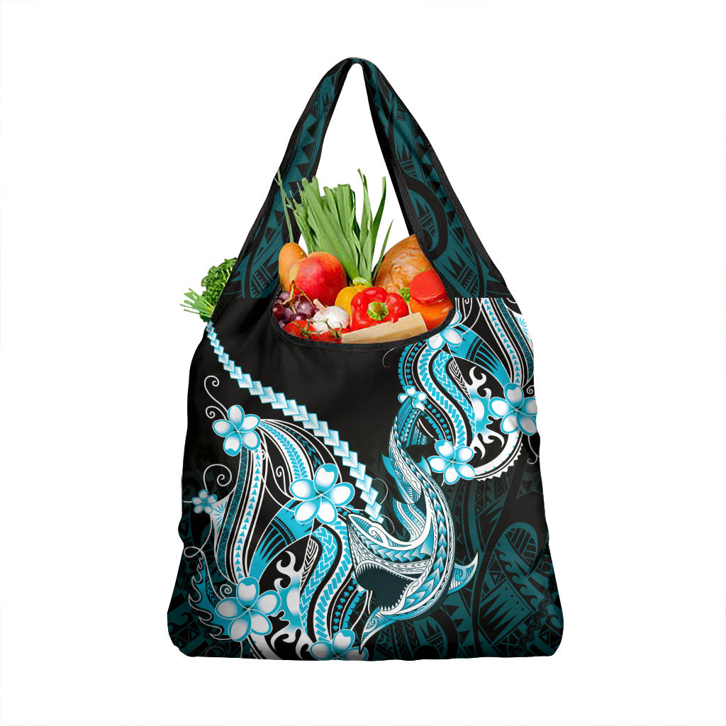 Blue Black Aloha Hawaii Grocery Bag Polynesian Shark Tattoo Plumeria LT14 1-pack One Size Blue - Polynesian Pride