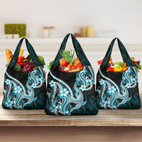 Blue Black Aloha Hawaii Grocery Bag Polynesian Shark Tattoo Plumeria