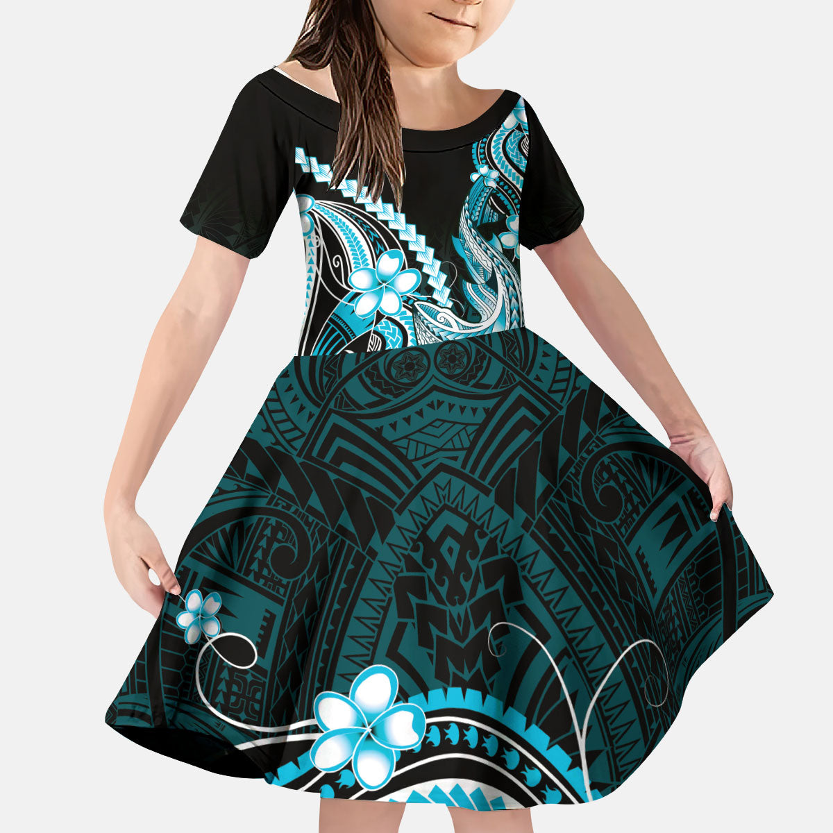 Blue Black Aloha Hawaii Kid Short Sleeve Dress Polynesian Shark Tattoo Plumeria