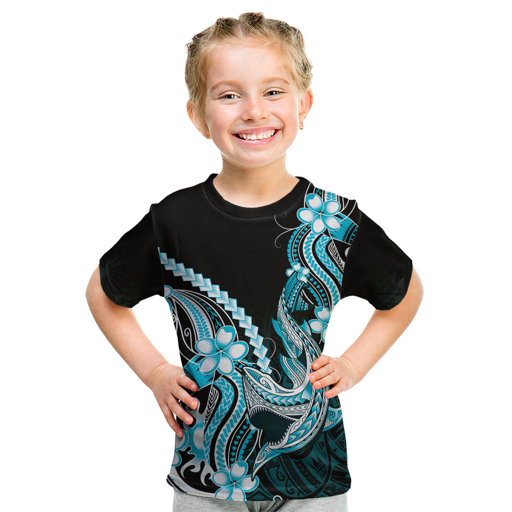 Blue Black Aloha Hawaii Kid T Shirt Polynesian Shark Tattoo Plumeria