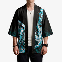 Blue Black Aloha Hawaii Kimono Polynesian Shark Tattoo Plumeria
