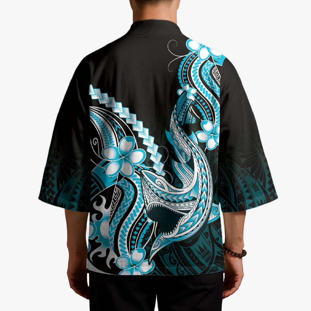 Blue Black Aloha Hawaii Kimono Polynesian Shark Tattoo Plumeria