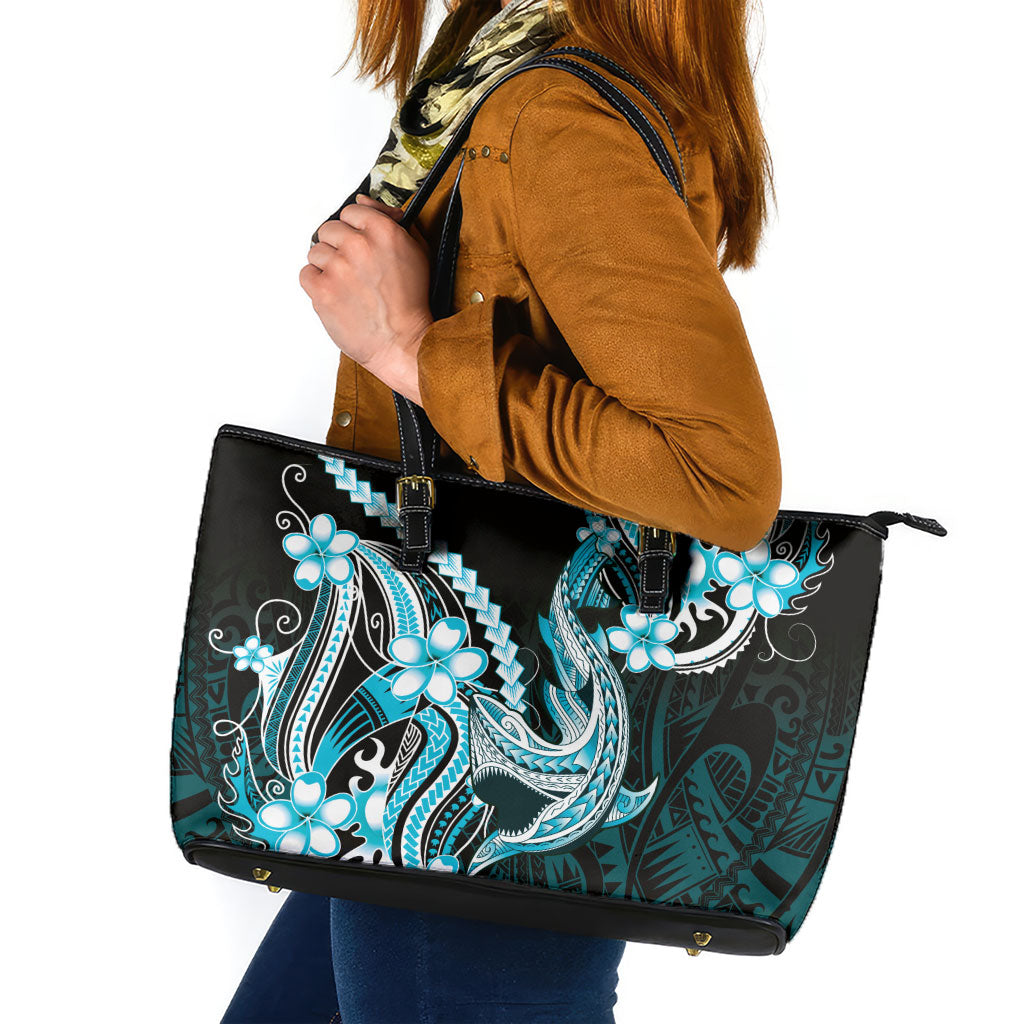 Blue Black Aloha Hawaii Leather Tote Bag Polynesian Shark Tattoo Plumeria