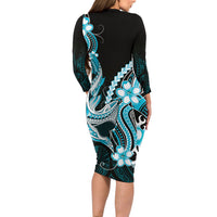 Blue Black Aloha Hawaii Long Sleeve Bodycon Dress Polynesian Shark Tattoo Plumeria
