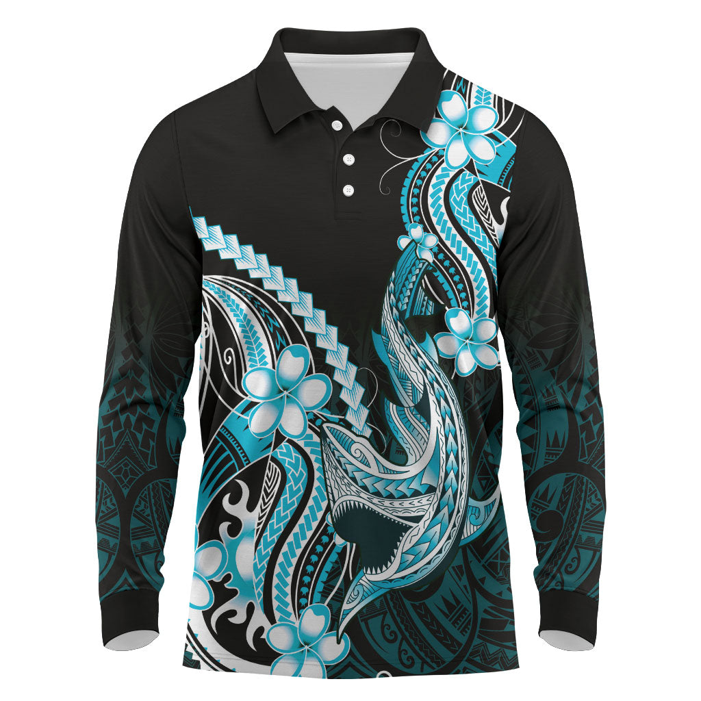 Blue Black Aloha Hawaii Long Sleeve Polo Shirt Polynesian Shark Tattoo Plumeria LT14 Blue - Polynesian Pride