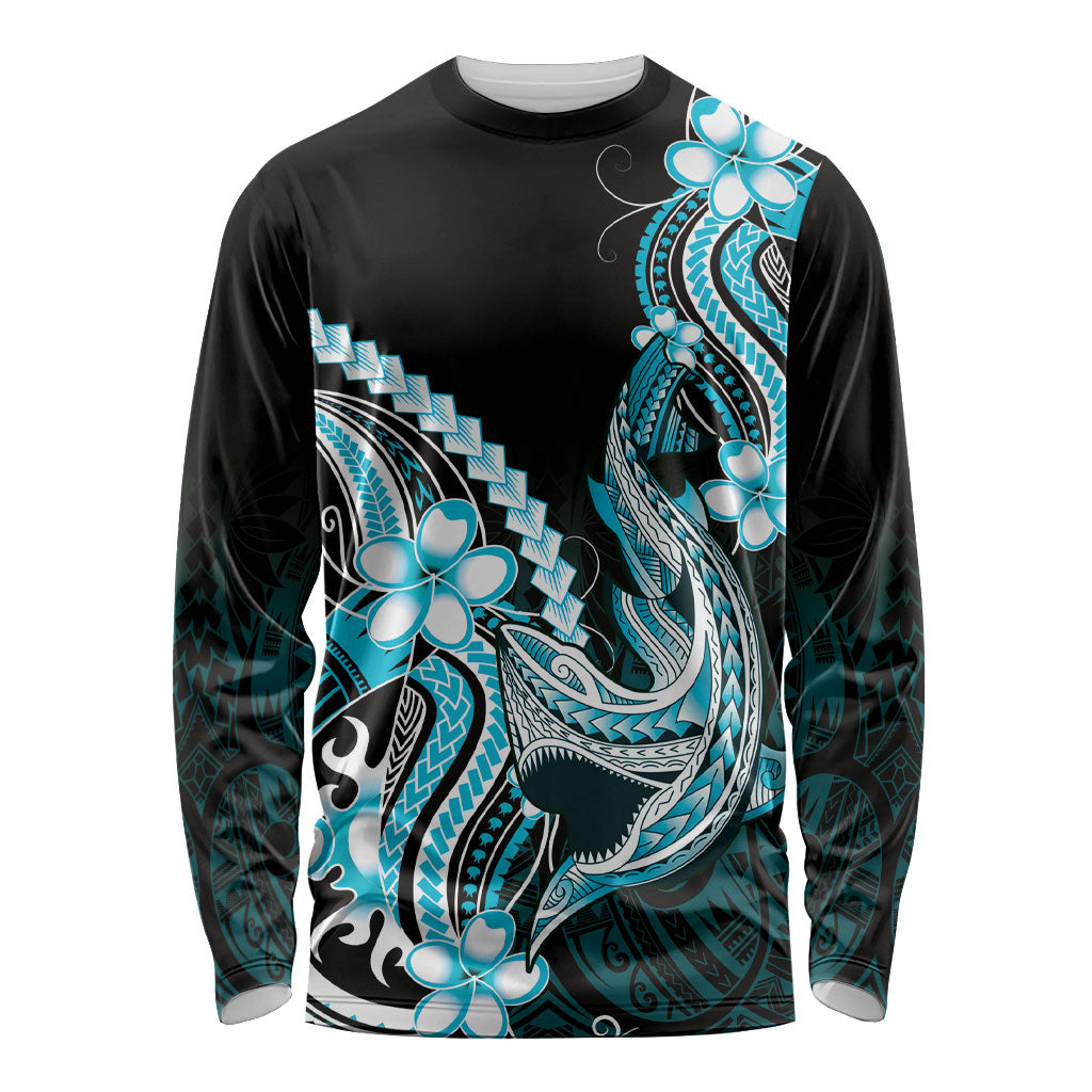 Blue Black Aloha Hawaii Long Sleeve Shirt Polynesian Shark Tattoo Plumeria LT14 Unisex Blue - Polynesian Pride