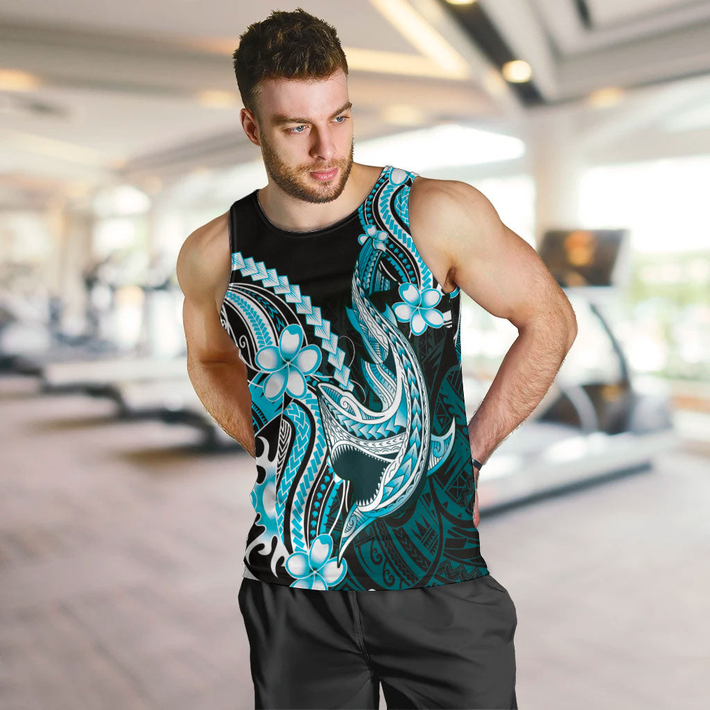 Blue Black Aloha Hawaii Men Tank Top Polynesian Shark Tattoo Plumeria