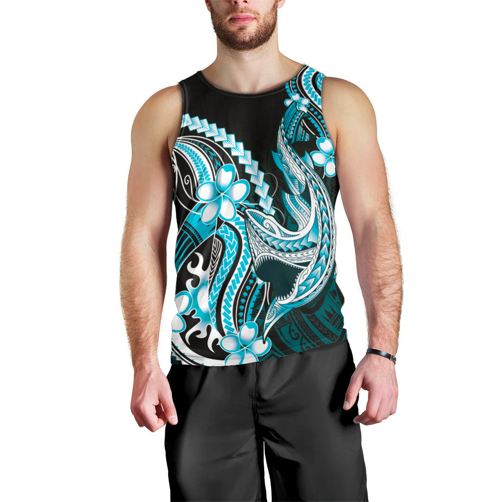 Blue Black Aloha Hawaii Men Tank Top Polynesian Shark Tattoo Plumeria