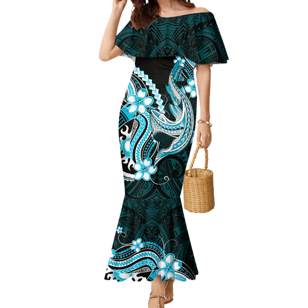 Blue Black Aloha Hawaii Mermaid Dress Polynesian Shark Tattoo Plumeria