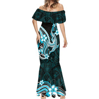 Blue Black Aloha Hawaii Mermaid Dress Polynesian Shark Tattoo Plumeria